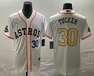 Men%27s Houston Astros #30 Kyle Tucker Number 2023 White Gold World Serise Champions Patch Cool Base Stitched Jersey